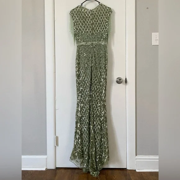 $698 Mac Duggal High Neck Beaded Sequin Fringe Sage Green Gown Dress 4908 Size 4 - Picture 6 of 15